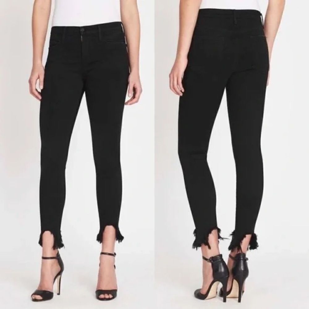 FRAME Denim Black Le High Skinny Chewed Hem Distressed Skinny Ankle Jeans